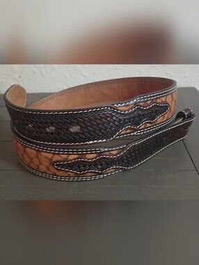 Men's Brown and Black Leather Belt with Decorative Weave